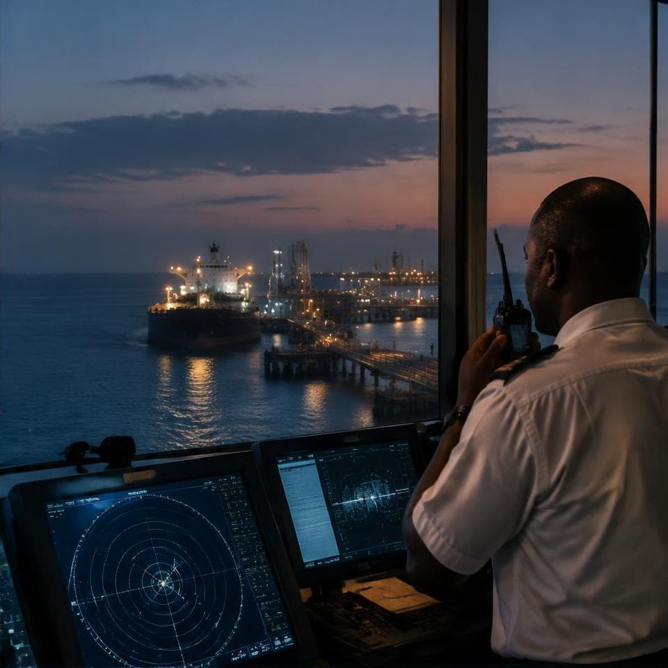 Port control officer coordinating a tanker arrival at dusk