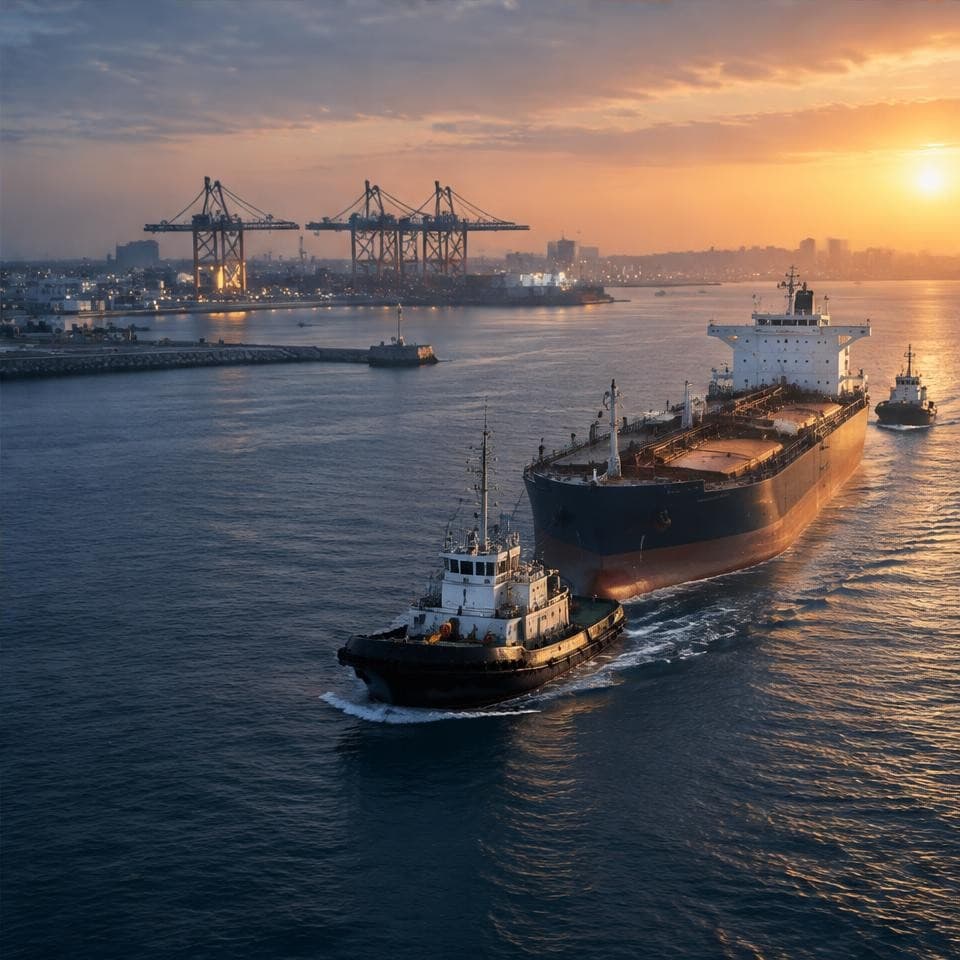 Tugboat escorting a petroleum tanker into port at sunrise