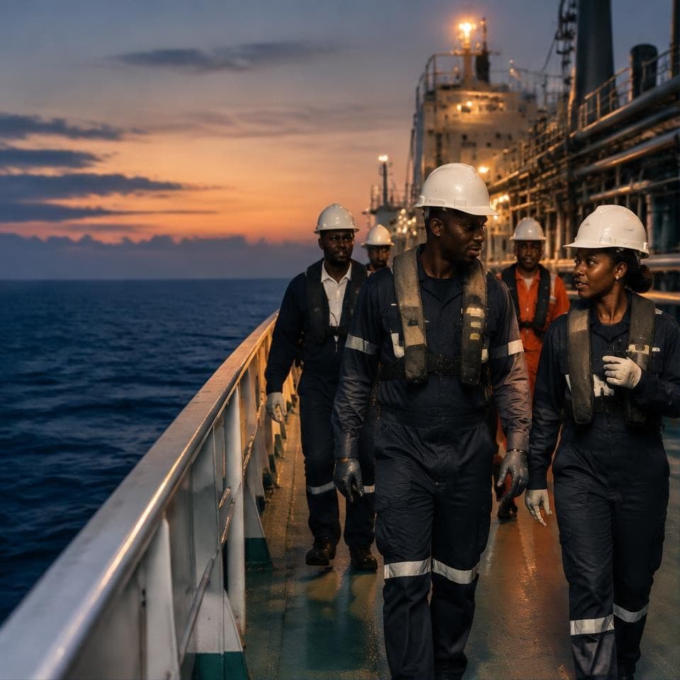 Marine officers working together aboard a tanker