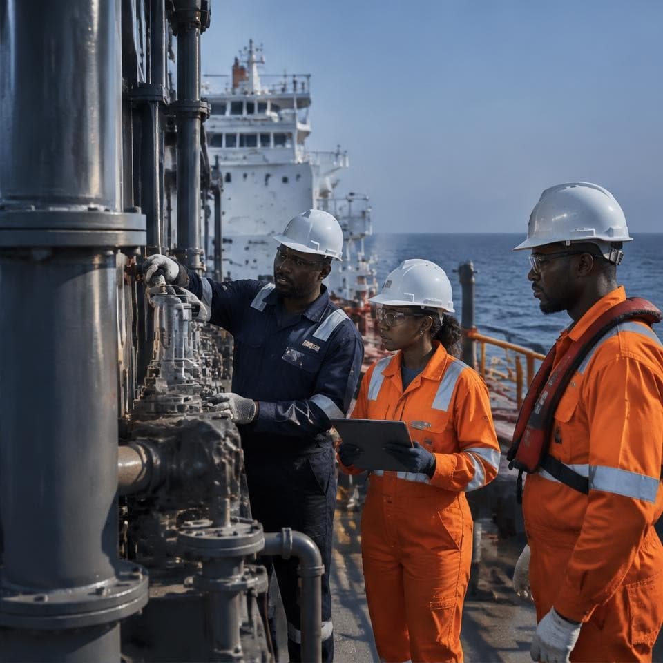 Marine officers conducting a safety inspection on a product tanker