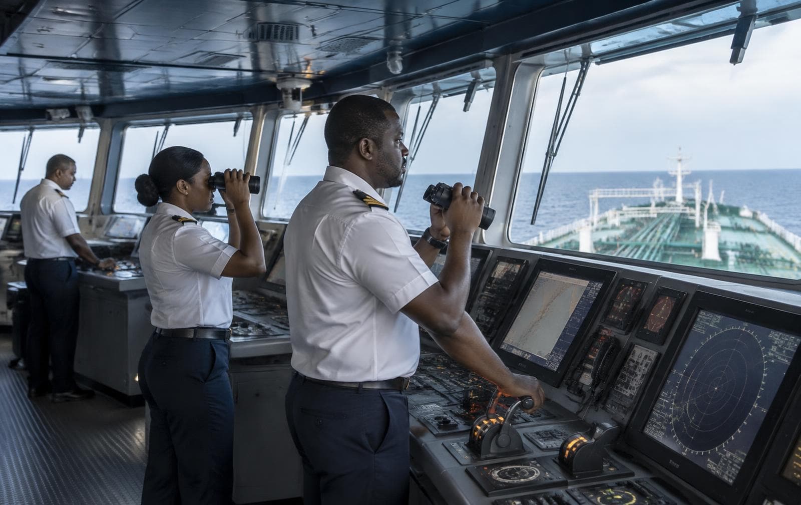 Marine officers monitoring a tanker voyage from the bridge