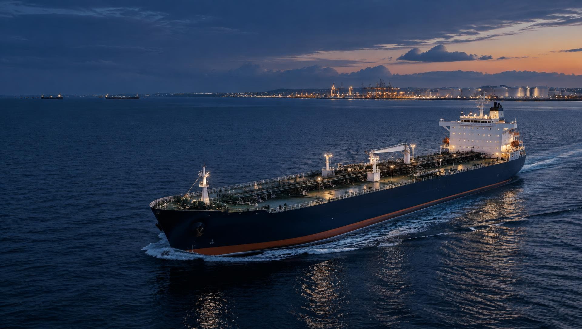 Product tanker underway near a coastal energy terminal