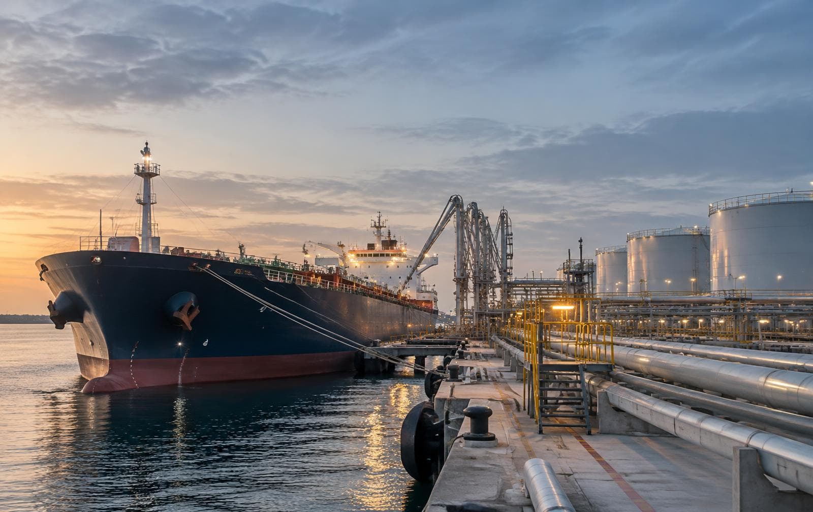 Product tanker berthed at a petroleum terminal